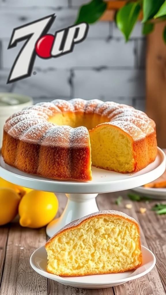 A golden-brown 7-Up pound cake on a white stand, dusted with powdered sugar, with a slice on a plate and fresh lemons in the background.
